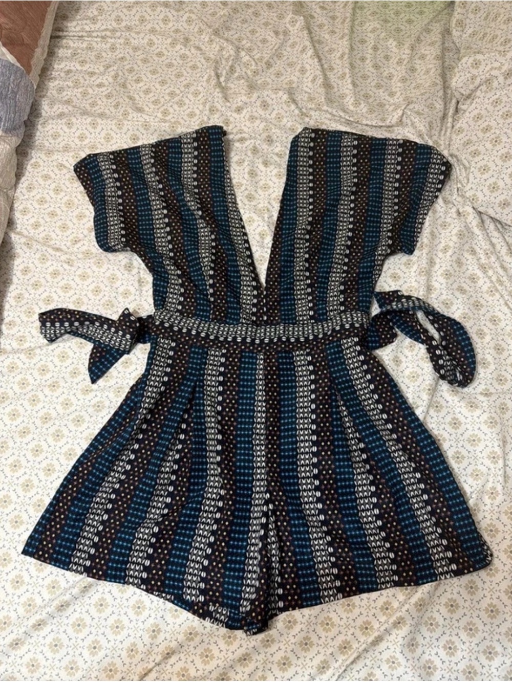 Striped Blue & Black Girls One-Piece Romper with Tie Waist
